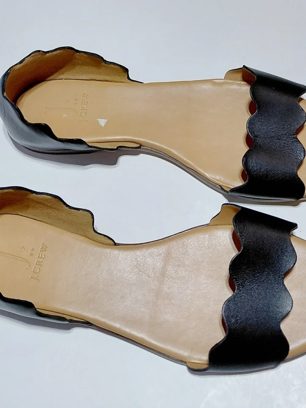 J. CREW Women's Black Scalloped Leather Peep Toe Flat Shoes Size 10